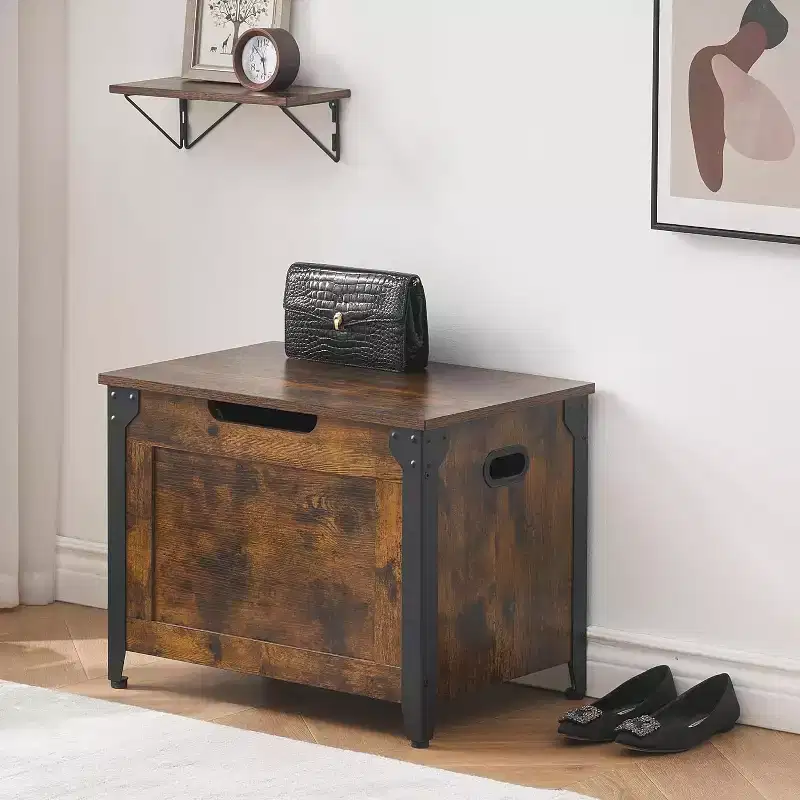 Retro Wooden Storage Bench Ottoman with Safety Hinges Rustic Brown