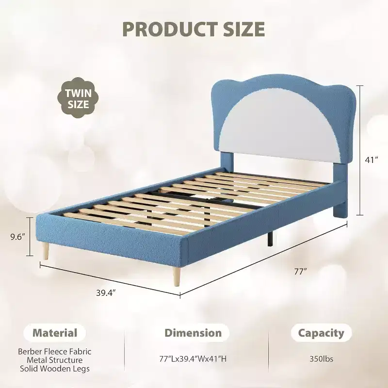Twin/ Full Upholstered Bed Frame with Panda-Shaped Headboard, Berber Fleece Platform Bed for Girls & Boys, No Box Spring Needed, Stable Wooden Slats