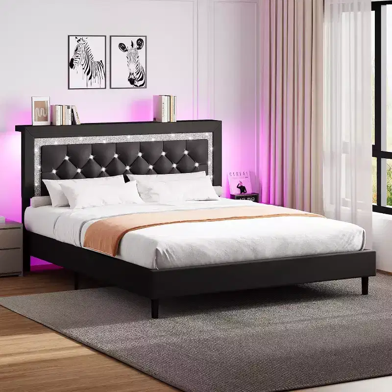 Platform Bed Frame with Upholstered Diamond Tufted Headboard, Wood Slat Support, No Box Spring Required for Full, Queen or King Size