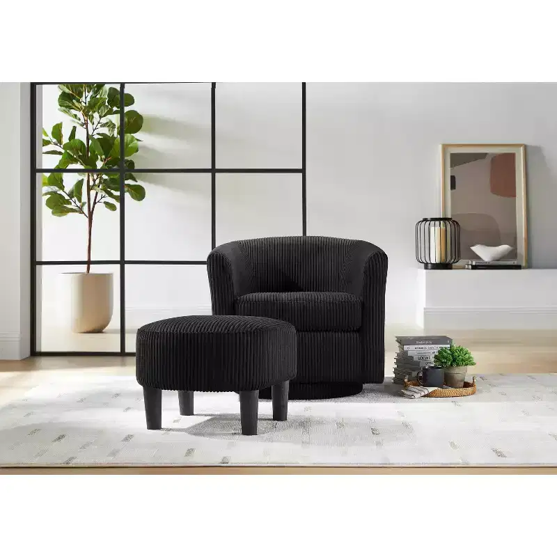 Swivel Accent Chair, Modern Swivel Chair with Ottoman, Comfortable Living Room Chairs Upholstered Armchairs 360 Degree Swivel Barrel Round