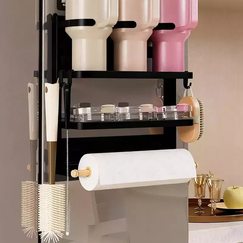 Magnetic Cup Holder for Refrigerator Side  Foldable Space-Saving Organizer with Shelf & Hooks, Holds 3 Large Cups, No Drill Installation for Kitchen