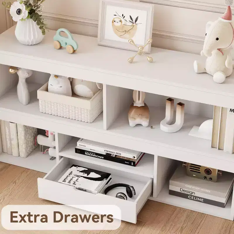 Kids Bookshelf with Drawer, Wooden Toy Storage Organizer, White Bookcase for Playroom, Classroom, Kids Room
