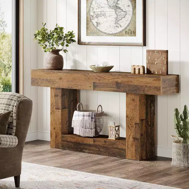 63-Inch Console Table, Farmhouse 2-Tier Entryway Table with U-Shaped Base for Living Room, Hallway, Foyer, Mix Brown