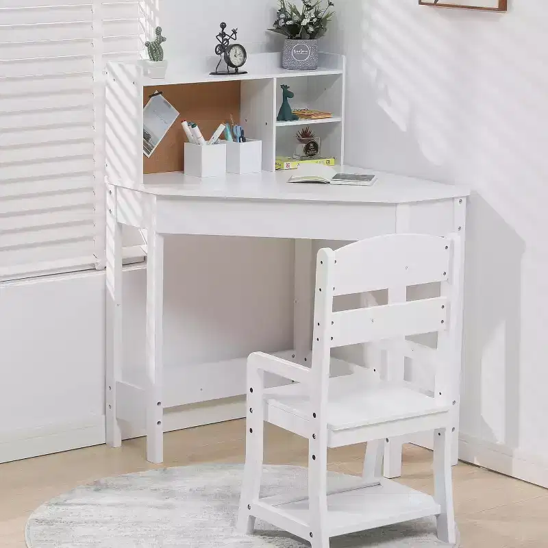 All-in-One Kids Study Desk & Chair Set with Adjustable Chair, Hutch, Cork Board & Organizers. A Compact Learning Corner for Homeschool or Bedroom.