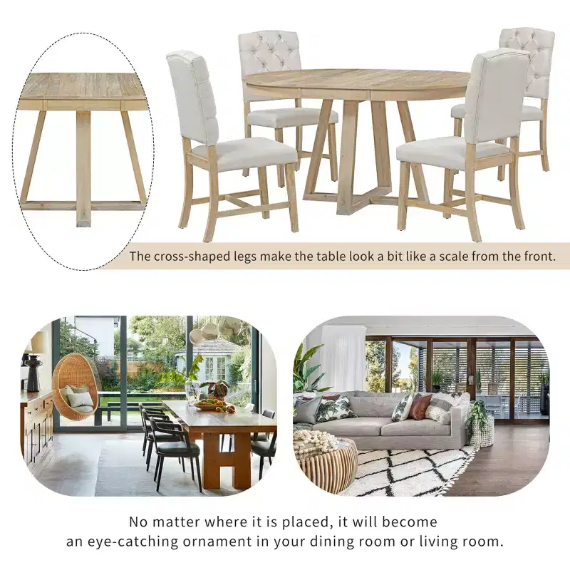 Whisen Retro Style 5-Piece Extendable Dining Set with 4-Botton Tufted Upholstered Chairs