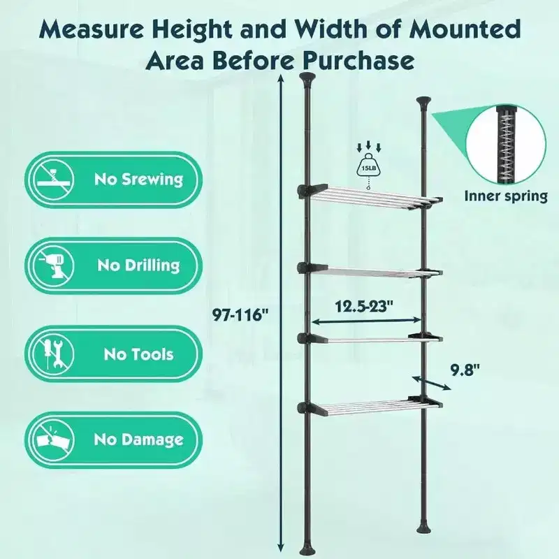 4 Tiers Over Toilet Storage Black Bathroom Organizer Adjustable Tension Pole Shelves for Showers 97 to 116 Inches