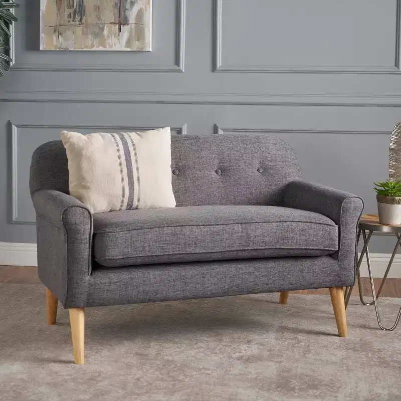 Mid-Century Modern Loveseat, Tufted Upholstery, Light Birch Legs, 400 lb Capacity