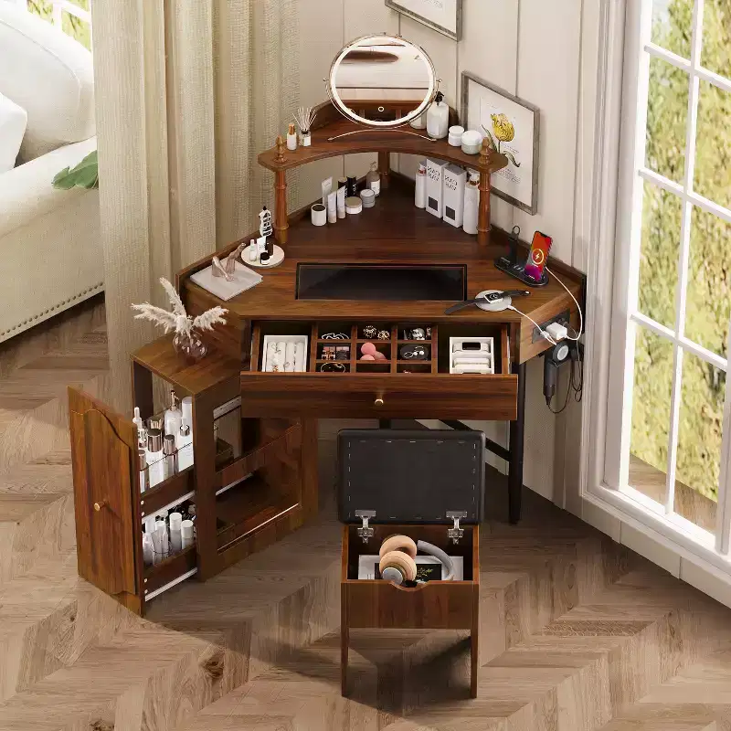 Corner Vanity Desk Set with Storage Cushioned Stool and Charging Station, Removable Pull-Out Side Cabinet, Glass Tabletop with Drawer and Shelf