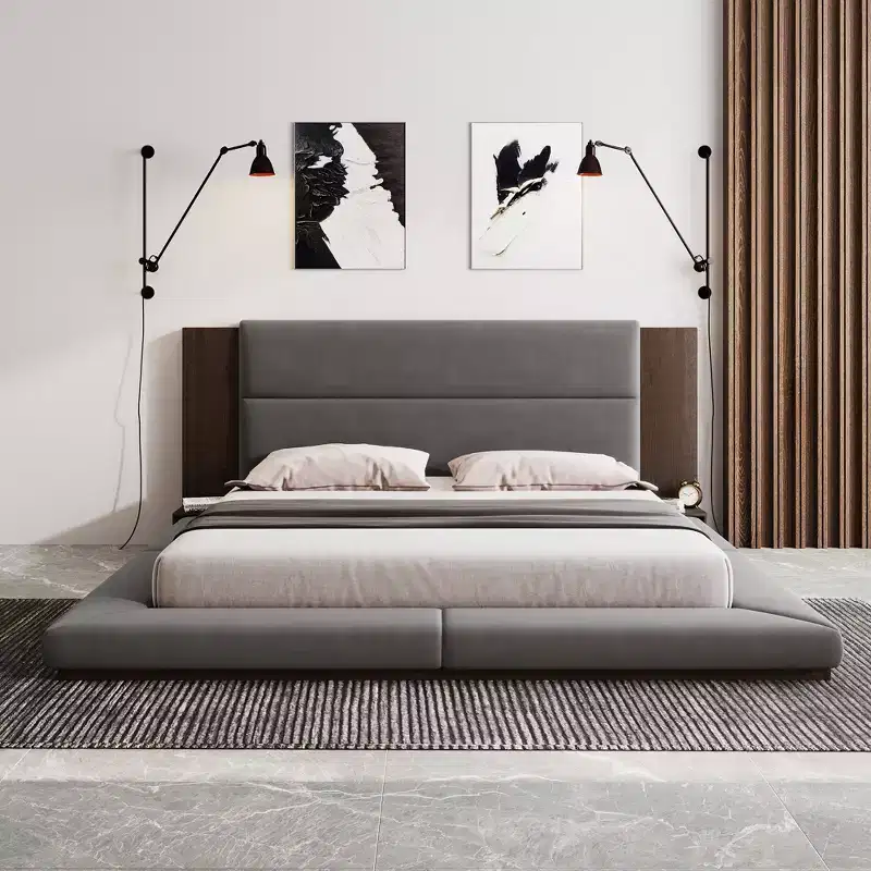 Queen/King Size Floor Upholstered Platform Bed Frame with Upholstered Headboard and Bedside Table, No Box Spring Needed, Grey
