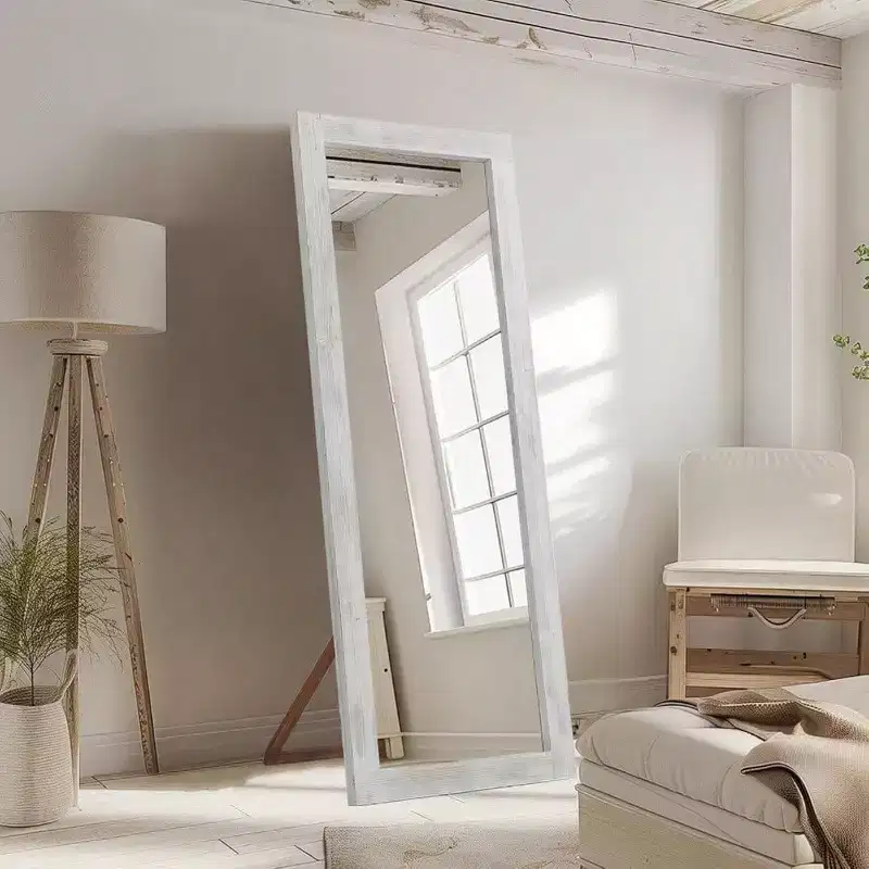 Rustic Full Length Mirror, 64x21 Weathering White. Wood frame, versatile for free standing, leaning, or wall hanging