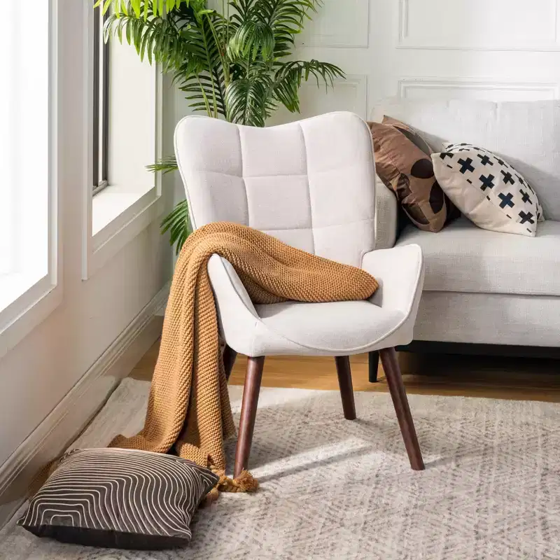 FurnitureR Tufted Wingback Accent Chair for Bedroom/Lounge, Leisure Armchairs High Back Ergonomic, Fabric Upholstered Living Room Chair Beige/Walnut