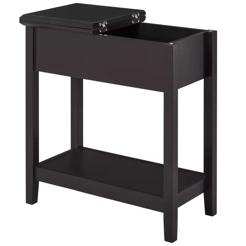 Dark Brown Narrow End Table with Flip Top Storage & Bottom Shelf