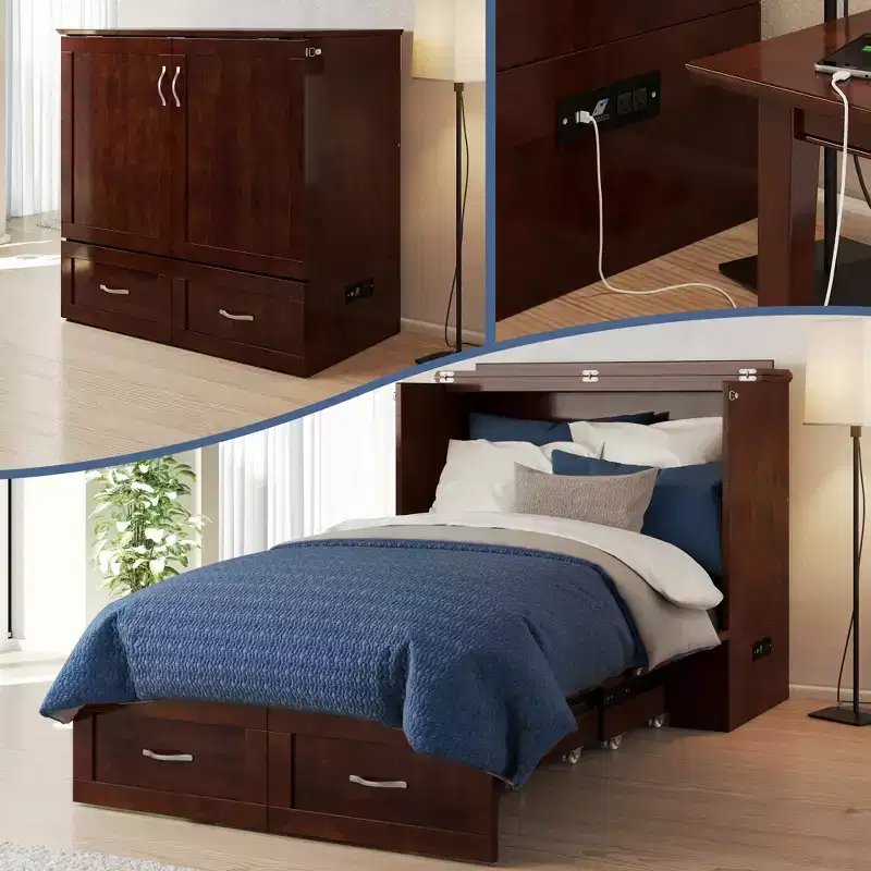 HomeStock Hamilton Twin XL Murphy Bed Chest with 6 Mattress, Storage Drawer & Built-In USB Charger, Walnut