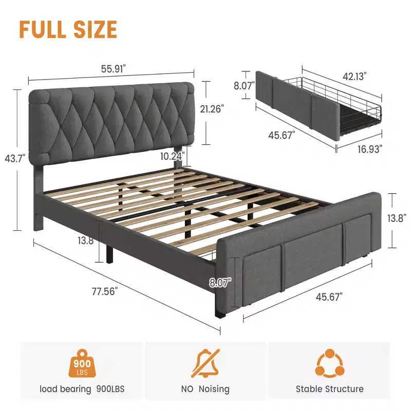 Bed Frame with 2 Drawers, Upholstered Platform Bed with Storage, No Box Spring Needed