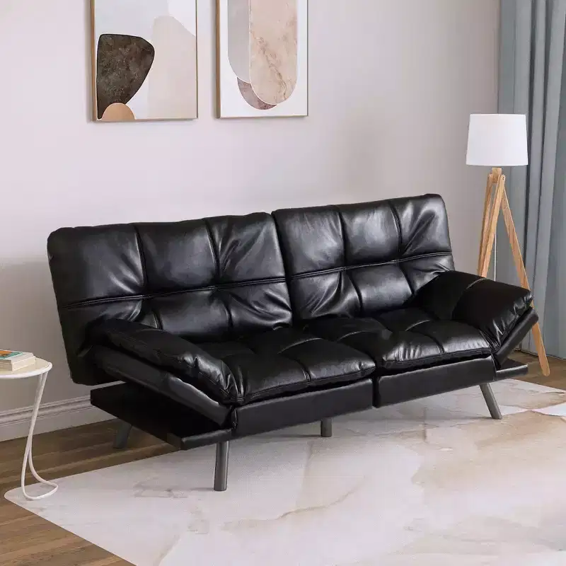 Dyonery 71 Futon Convertible Memory Foam Sofa Bed, Modern Loveseat for Living Room, Adjustable Armrests Backrest Sofabed, Faux Leather - Black