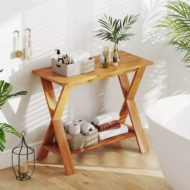 Costway 35.5-Inch Long Entryway Table with Storage Shelf Solid Teak Wood Console Table