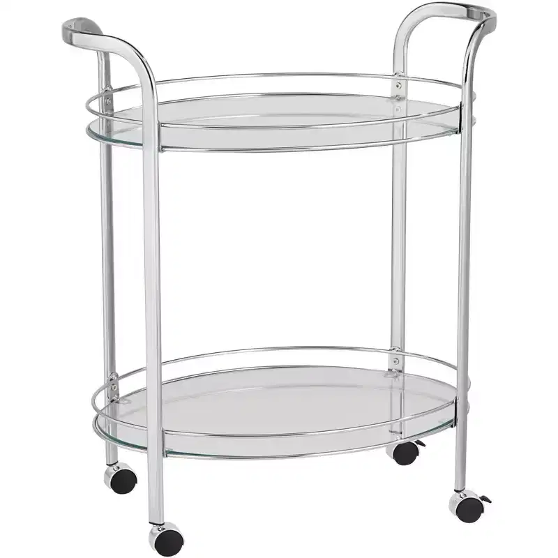 Studio 55D Carli Modern Chrome Steel Oval 2-Tier Serving Bar Cart 26 x 18 1/4 Silver Rolling Clear Glass Shelves for Living Room