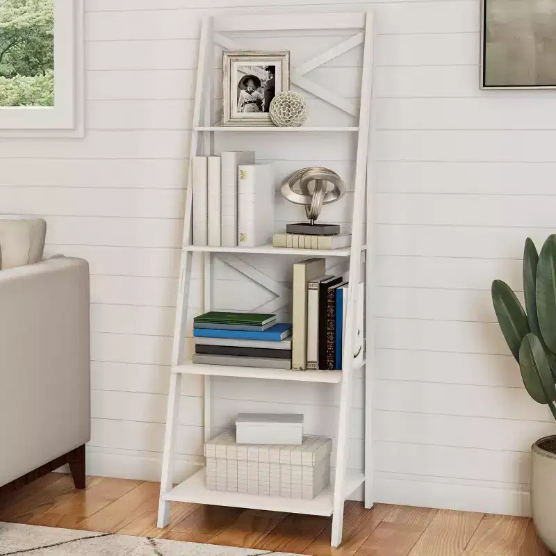 4-Tier Ladder Bookshelf with X-Back Frame Freestanding Bookcase, White