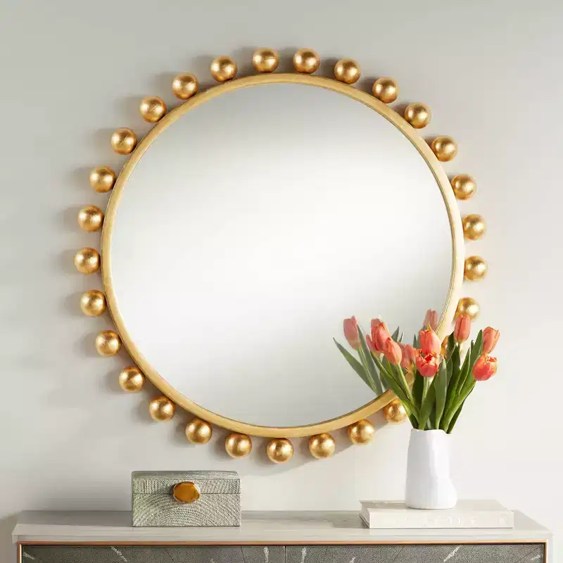 Round Vanity Decorative Accent Wall Mirror Modern Sphere Edge Metallic Gold Leaf Frame 33 Wide for Bathroom Bedroom