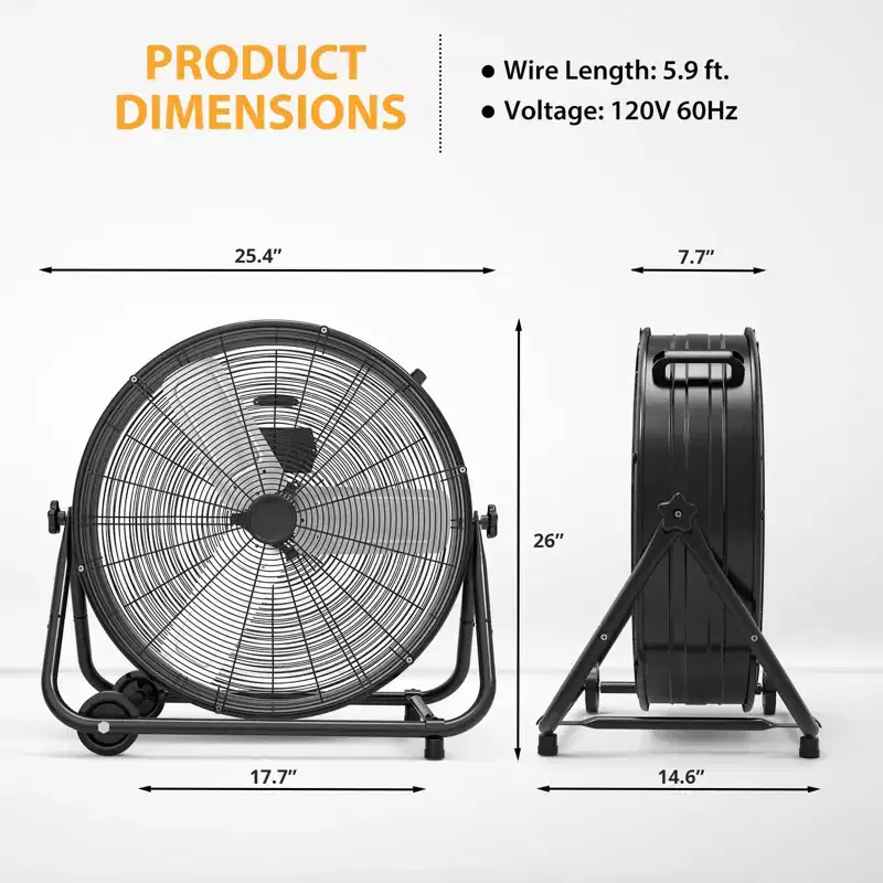 Floor Fan, Industrial Fan - 24 Inch Heavy Duty Drum Fan with 4 Speeds, Metal Air Circulator for Warehouse, Workshop, Garage, Factory, Basement