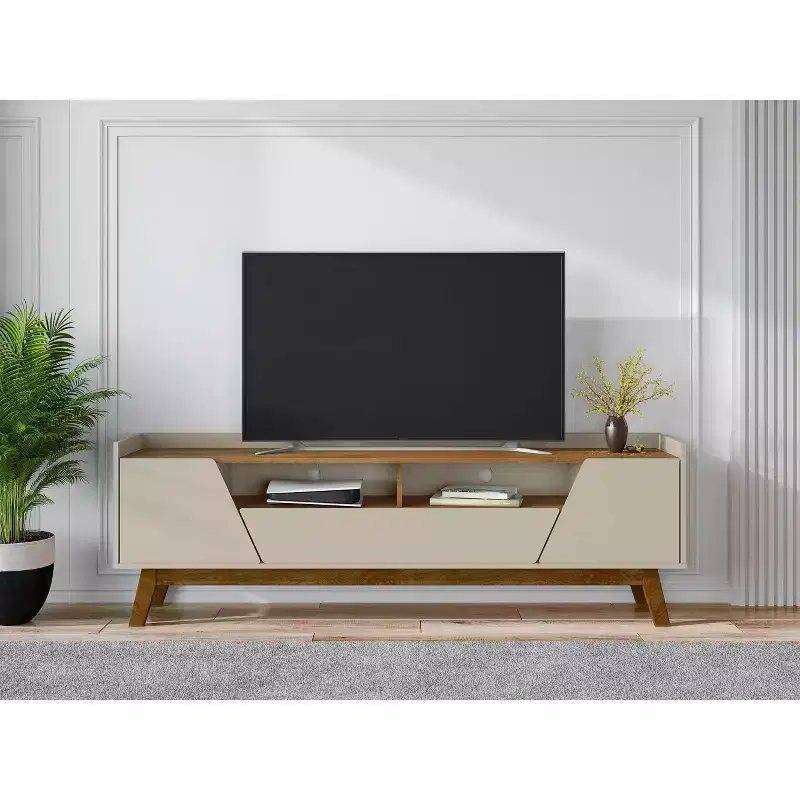 Manhattan Comfort Marcus Mid-Century Modern 4 Shelf TV Stand for TVs up to 70" Beige - Manhattan Comfort: Media Console with Storage