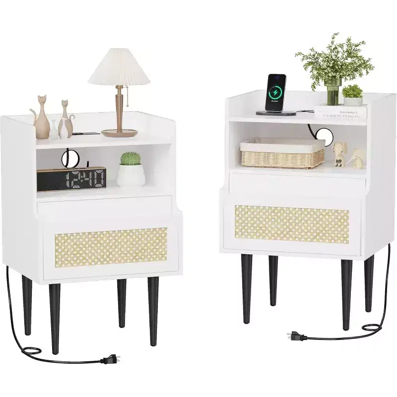Nightstands Set of 2 with Charging Station, Drawer Open Shelf, Cane Accent Side End Table, Bedside Table