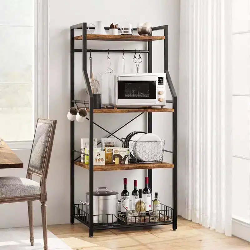 Standing Bakers Rack with Wire Basket and Hooks, Industrial Coffee Bar Station