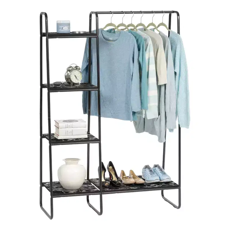 Metal Garment Rack with 5 Marble-Pattern Wood Shelves, 59.5