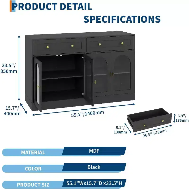 55 Inch Wide Sideboard Buffet Cabinet with 4 Acrylic Doors & 2 Drawers, Farmhouse Kitchen Storage Cabinet, Wooden Console Table for Home Office