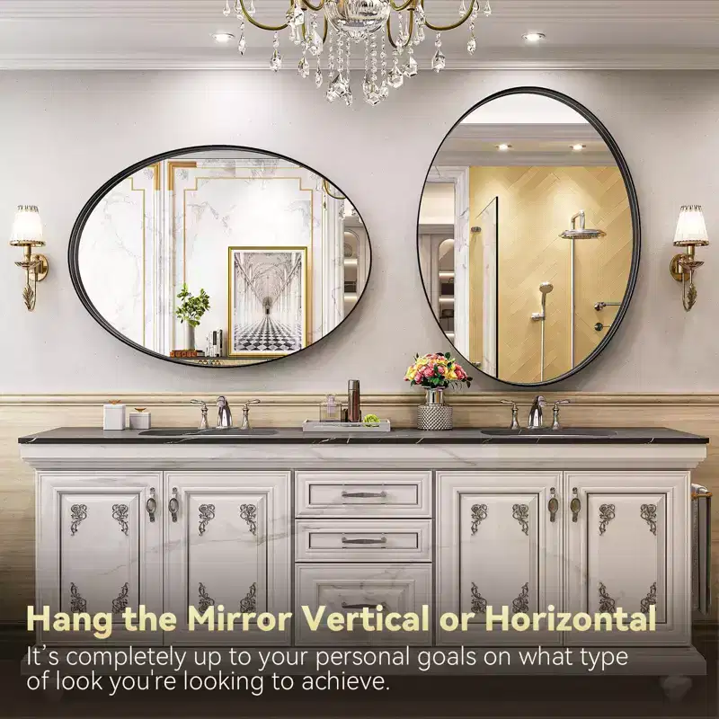 Oval Pill Bathroom Mirror Wall Mount Aluminum Frame Horizontal Vertical Multiple Sizes