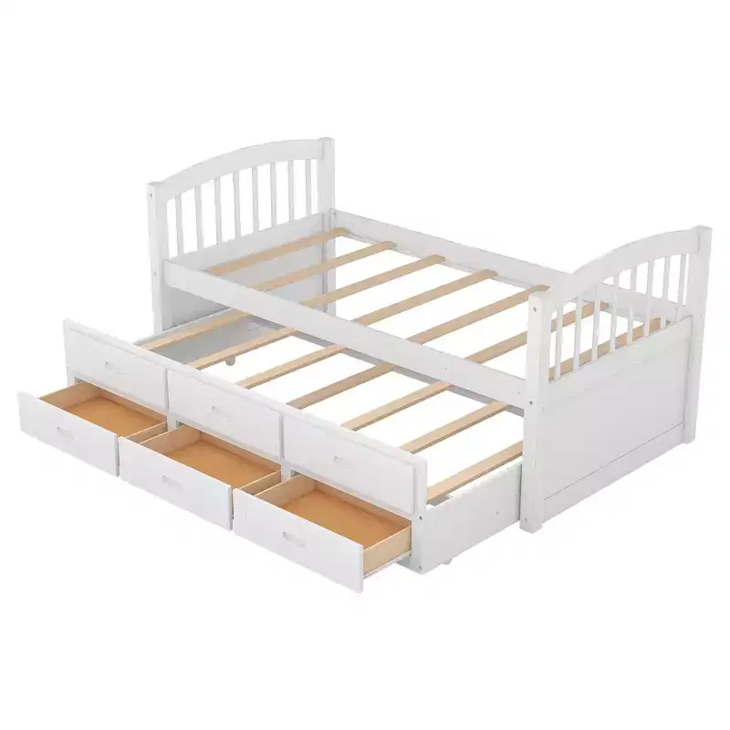 Wood Twin over Twin Bunk Bed with Ladder, Trundle & Drawers