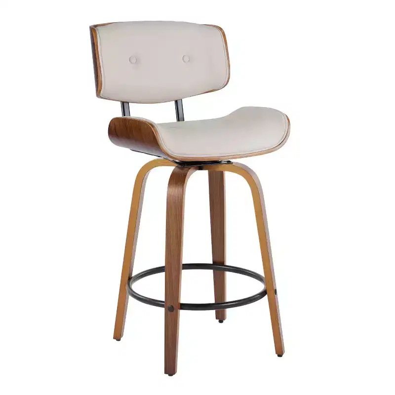 Set of 2 Lombardi Counter Height Barstools Walnut/Black/Cream PU - LumiSource: Mid-Century Modern Swivel Kitchen Chairs with Footrest