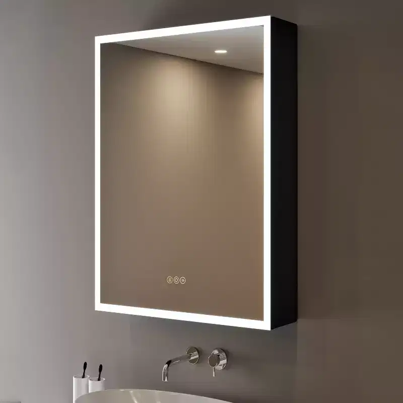 Flora Medicine Cabinet with Mirrors and Lights, Recessed/Wall Mounted Bathroom Cabinet with 3 Mode Light, Dimmable, Anti-Fog, Black