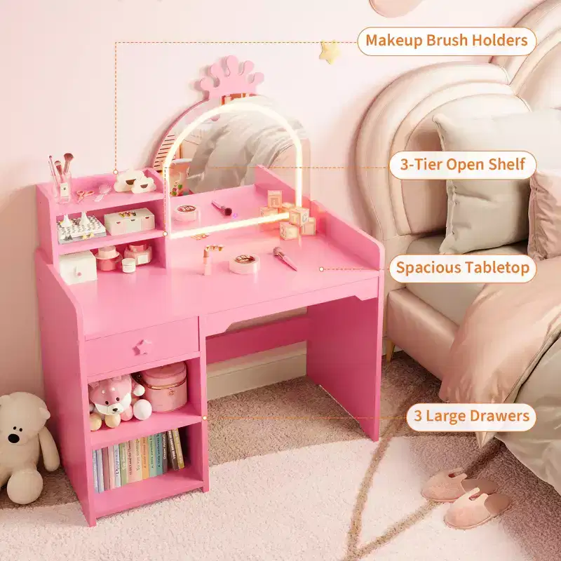 Kids Vanity Table with LED Lighted Crown Mirror, Princess Makeup Vanity Desk with Storage Drawers & Open Shelves, Vanity Set with Chair for Bedroom