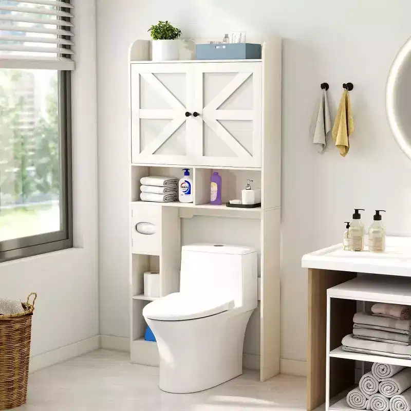 Over-Toilet Storage Cabinet with Barn Doors, Toilet Paper Holder & Adjustable Shelf, Farmhouse Style