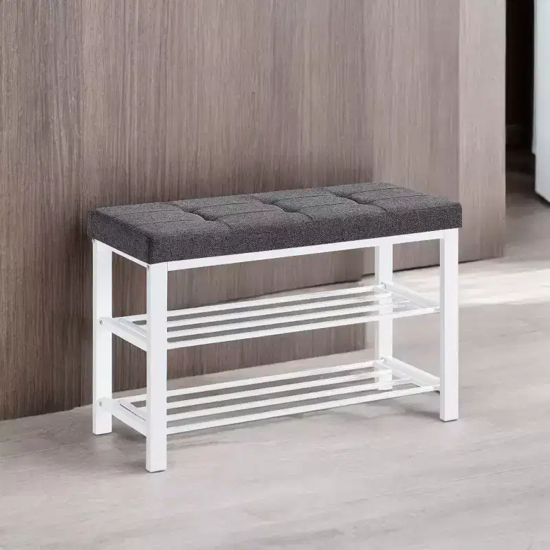 Shoe Bench, Storage Bench, Entryway Bench with Cushion, Shoe Shelf with Seat, Storage Organizer with Foam Padded Seat Linen Metal Frame