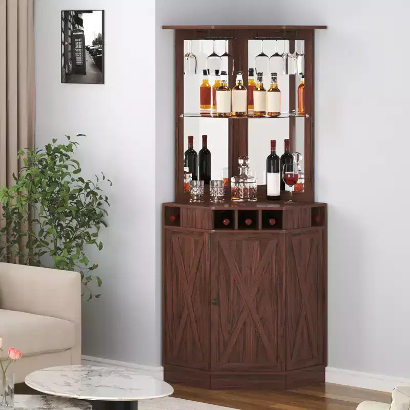 Corner Industrial Bar Cabinet, Wine Table for Liquor & Glasses, Sideboard Buffet Cabinet with Glass Holder, Black Walnut