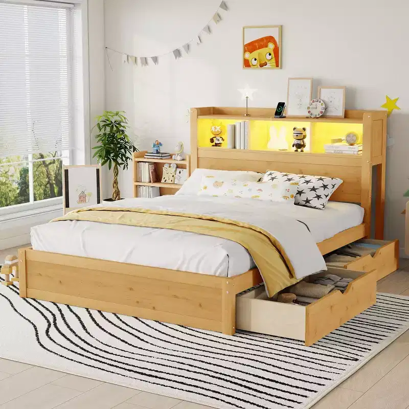 Twin Size Bed Frame, Wood Bed Bed with Storage Headboard and Pull Out Storage Cabinet, Drawers