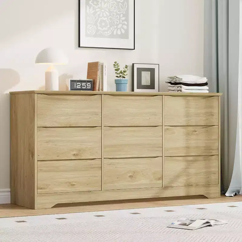 Wooden Dresser with 9 Drawers, Long Storage Dresser, Modern Closet, for Bedroom, Living Room