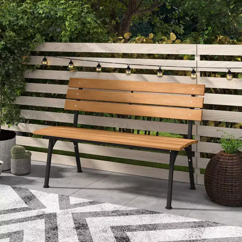 Costway Acacia Wood Patio Loveseat with Heavy Duty Metal Frame, Slatted Backrest and Seat Natural + Black