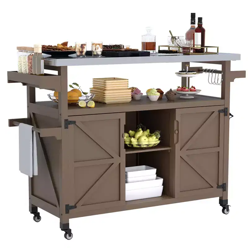 Outdoor Grill Cart with Storage Cabinet, Kitchen Island, Grill Cart Table with Stainless Steel Table Top, Spice Rack, Towel Rack & Lockable Wheels