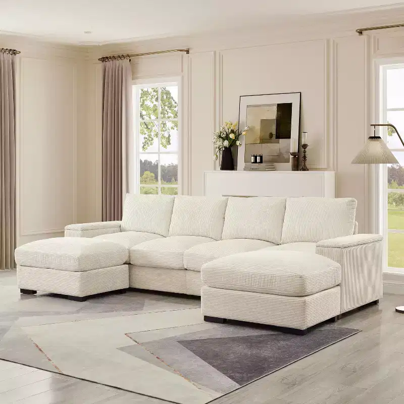 Sectional Sofa Deep Seat Green Couch with Ottomans for 4 Seat