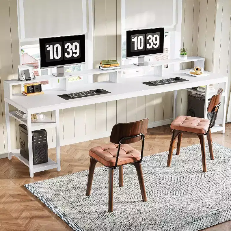 Lantine 78.74 Inches Extra Long Two-Person Desk with Monitor Stand and Storage Shelves, White Study Work Table for Home Office.