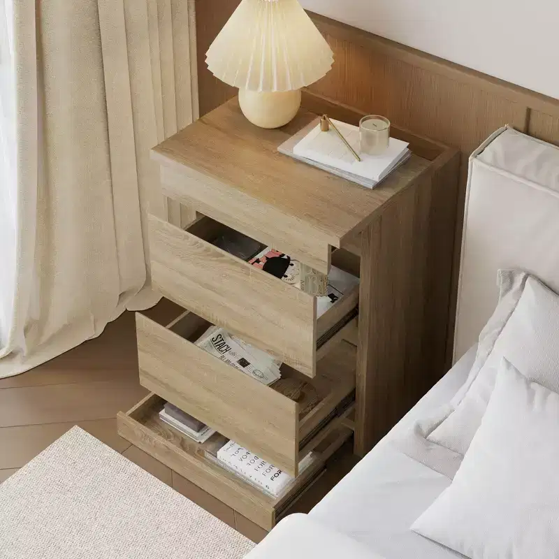 Smart Light Oak Nightstand with Hidden Drawer, NFC Lock Flip-Door & Bottom Kick Drawer, Bedside Table