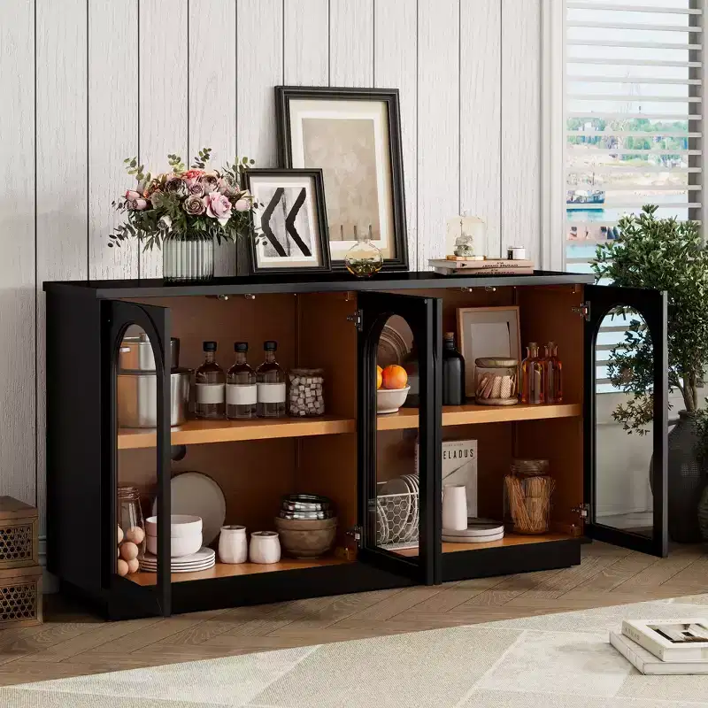 Country Style Sideboard Storage Cabinet with 4 Arched Glass Doors and Adjustable Shelves, Wooden Buffet Cabinet