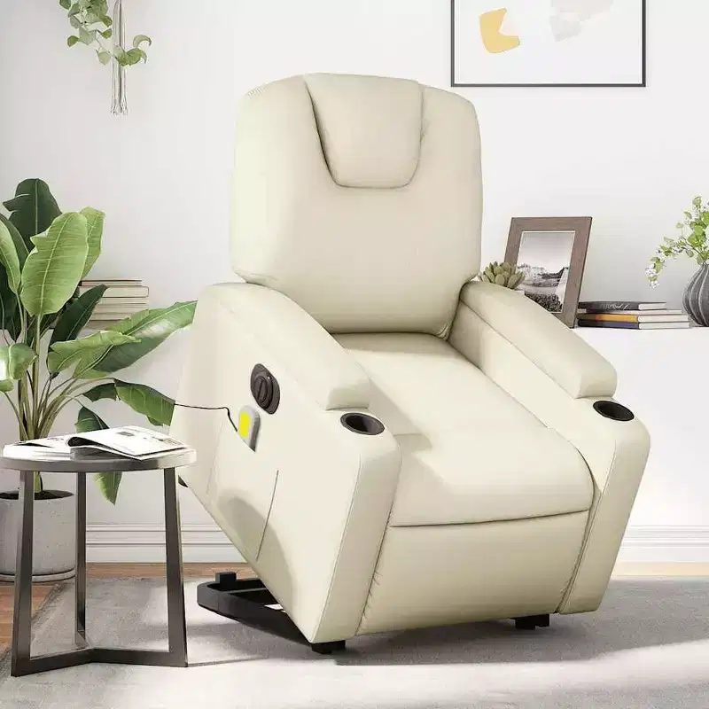 vidaXL Electric Massage Recliner Chair - Cream Faux Leather Stand-up Armchair with Vibration Massage, Power Lift, Cup Holders for Living Room Comfort