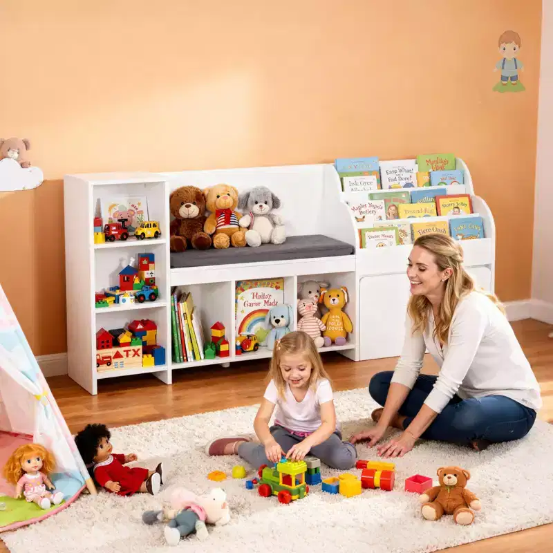 VEVOR Kids Reading Nook, Wooden Storage Bench with Backrest, Kids Bookshelf & Toy Organizer, Large Toy Box Chest for Playroom, Living Room, White