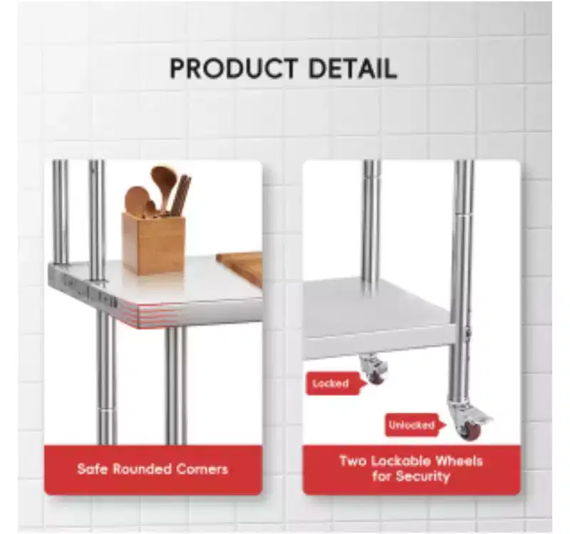 Custom Stainless Steel Kitchen Workbench with Double-layer Tabletop Shelf