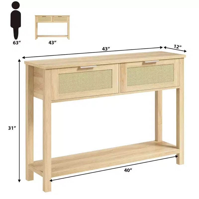 43 Inch Rattan Console Table, Entryway Table with 2 Drawers Storage Shelf Woven Design, Farmhouse Sofa Table TV Stand