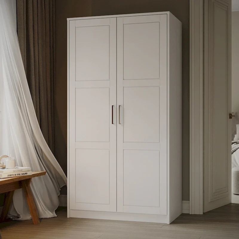 100% Solid Wood 2-Door Urban Wardrobe Armoire with Solid and Mirrored Doors